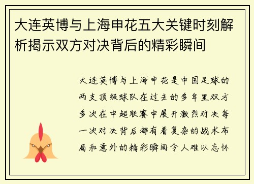 大连英博与上海申花五大关键时刻解析揭示双方对决背后的精彩瞬间