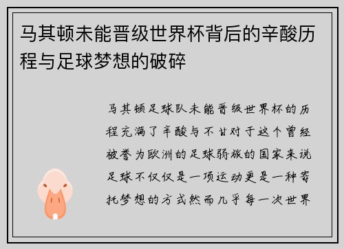 马其顿未能晋级世界杯背后的辛酸历程与足球梦想的破碎