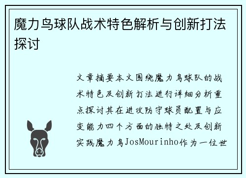 魔力鸟球队战术特色解析与创新打法探讨